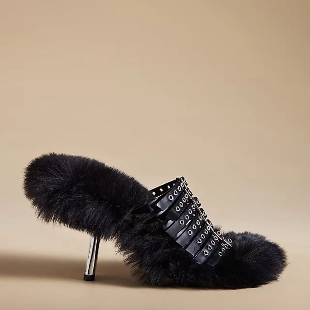 Jeffrey Campbell Black Fur Heels with Studded Straps
